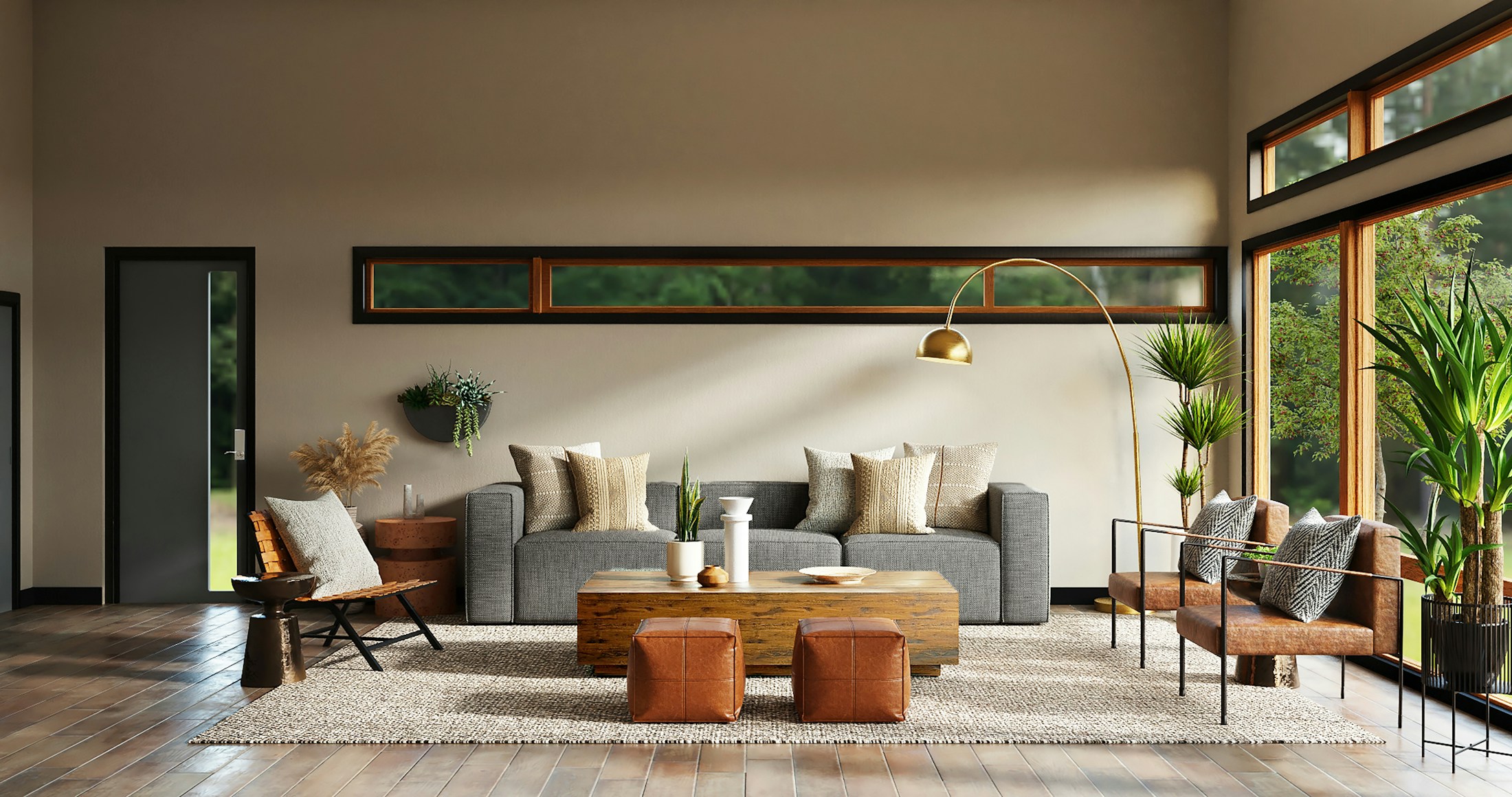 Salón contemporáneo cálido con madera, vegetación y ventanales amplios